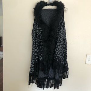 Gray And Black Back Drape fur vest With Fringed Ends